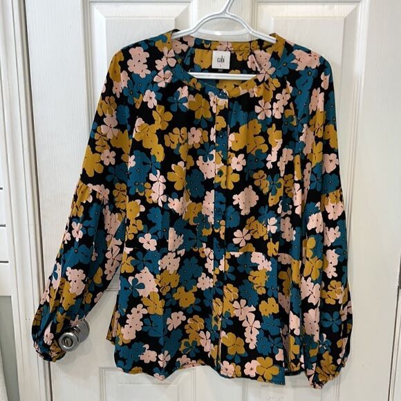 CAbi Teal and Mustard Flower Drop Favorite Bishop Sleeve Blouse NWOT sz Large - Picture 6 of 10
